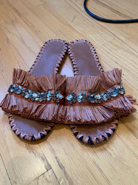Anthropologie Shoes - Anthropologie Brown Fringed Slide Sandals with Crystal Band